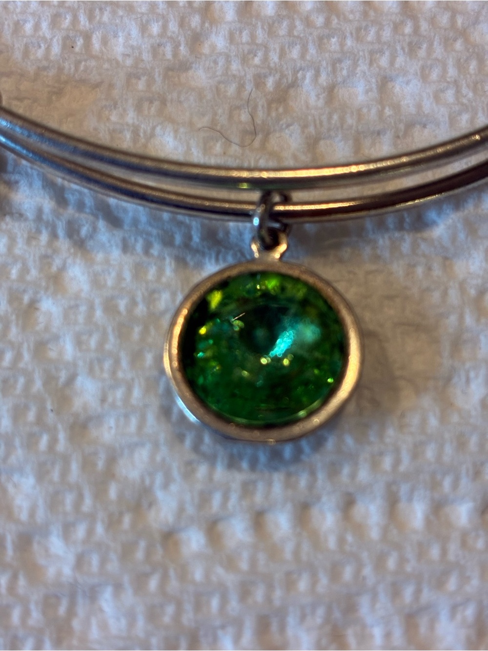 Alex and Ani Silver Bangle Bracelet with Peridot Glass Charm (August)